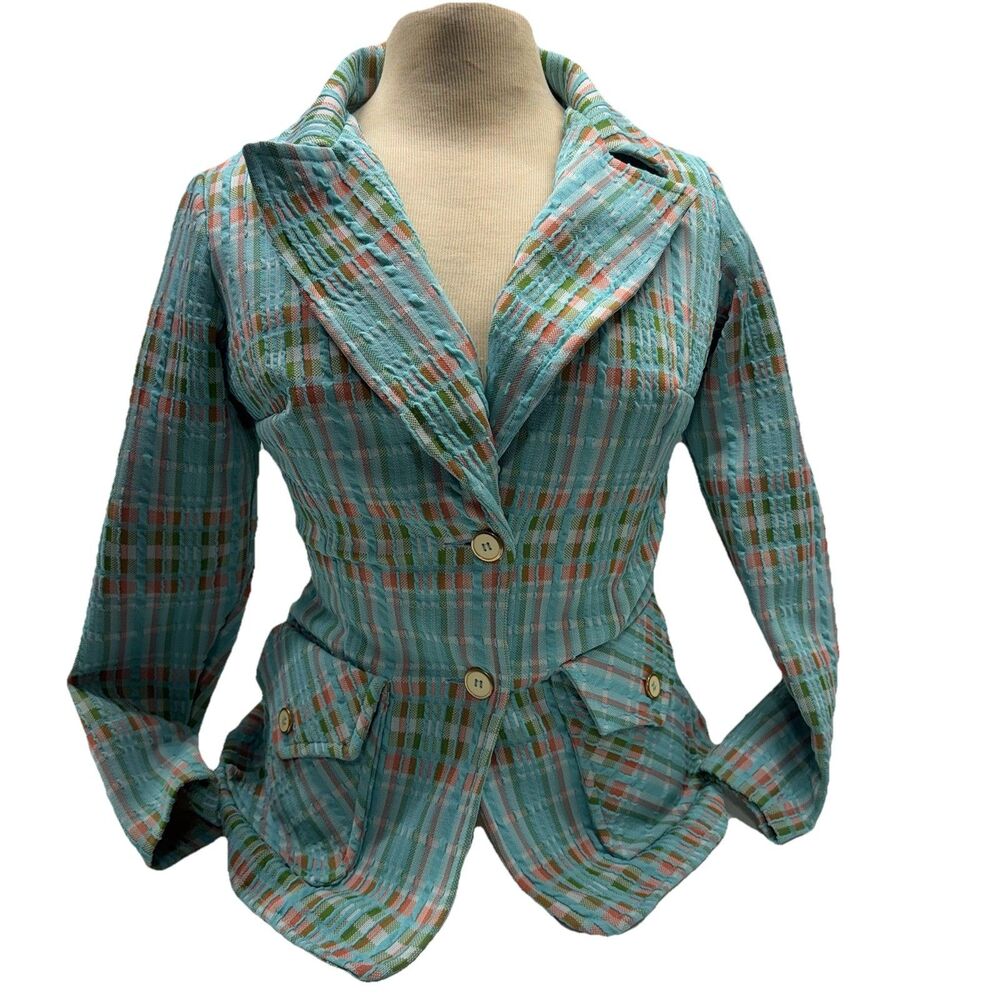Fire Islander Vintage Womans Turquoise Plaid Blazer Jacket Size M Coastal Preppy